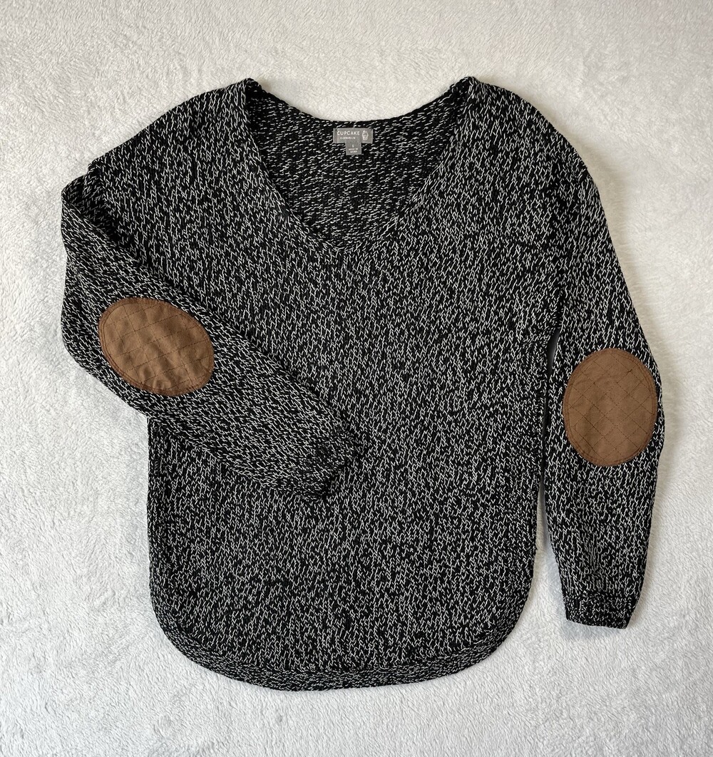 Cupcake Clothing Sweater Womens Small V-Neck Elbow Patch Marled Black